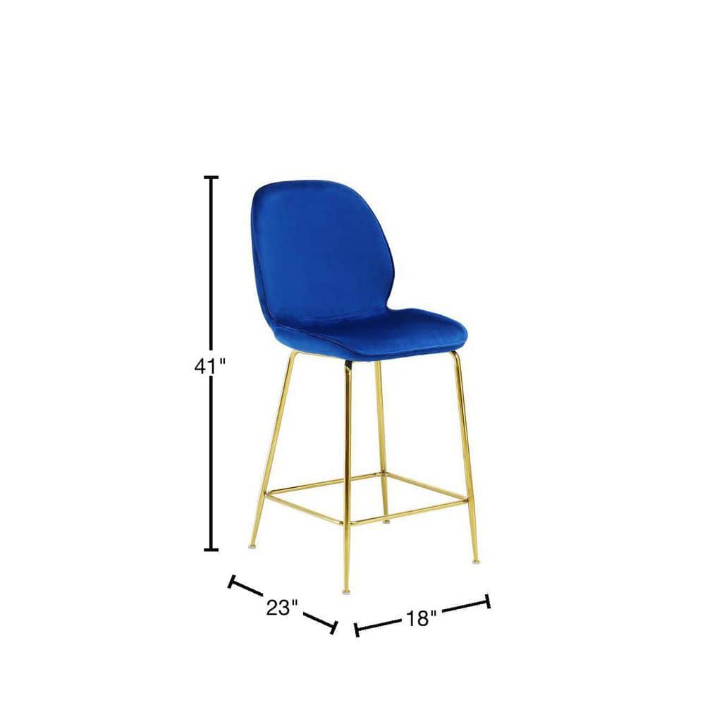 Blue Velvet and Gold Metal Backless Counter Stool, 24"