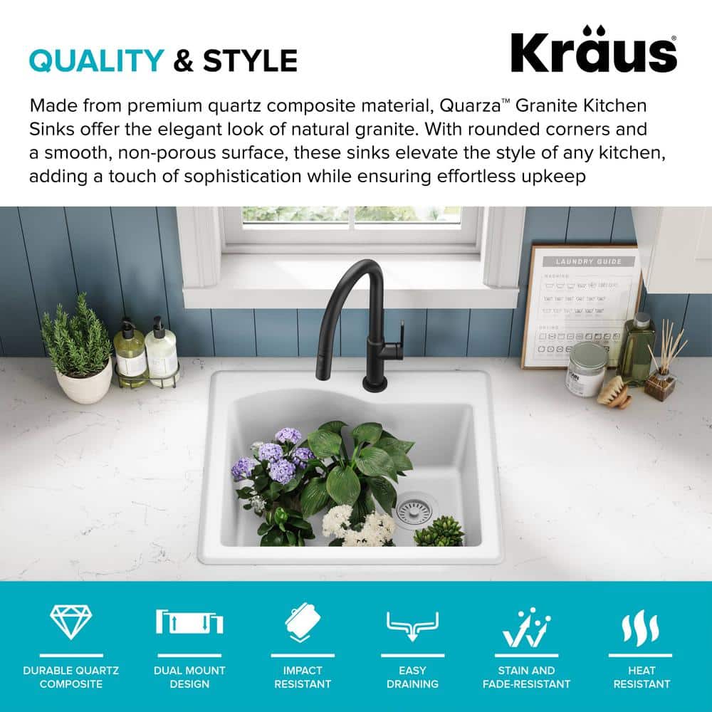25" White Granite Single Bowl Drop-In Kitchen Sink