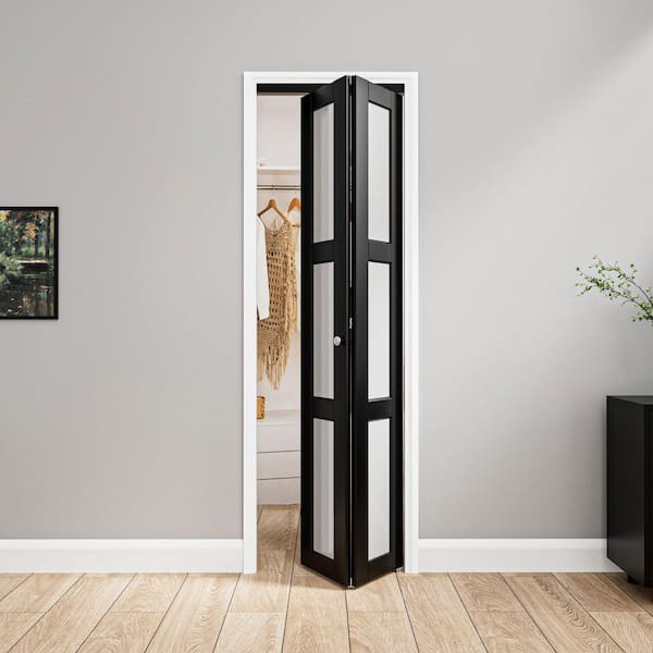 24 in. x 80 in. 3-Lite Tempered Frosted Glass Solid Core Dark Black MDF Bi-Fold Door with Hardware Kit