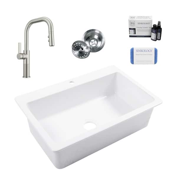 SINKOLOGY Jackson 33 in. 1-Hole Drop-In Single Bowl Crisp White Fireclay Kitchen Sink with Montay Stainless Faucet Kit