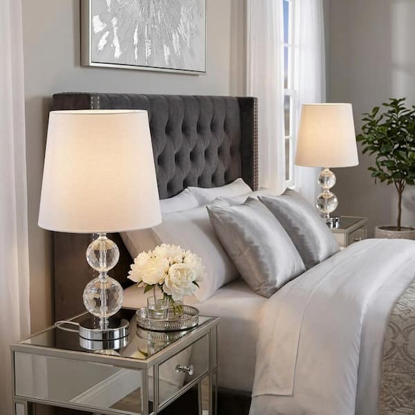 19 in. Silver Crystal Faceted Table Lamp Set and White Shade (Set of 2)