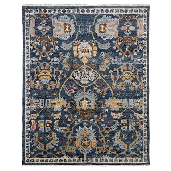 Majestic Blue/Multi 9 ft. x 12 ft. Vintage Oriental Floral Hand-Knotted Wool Fringed-Edge Indoor Area Rug