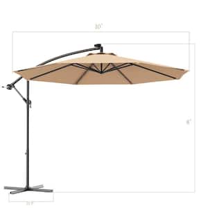10 ft. Steel Market Hanging Solar LED Patio Umbrella with Base in Beige