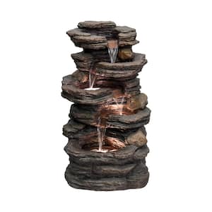 25 in. Cement Outdoor Fountain - 5-Tiered Crafted Stacked Rockery Waterfall Fountain with LED Lights for Garden, Patio