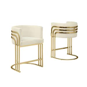 Alana 29 in. Cream Low Back Gold Metal Frame Bar Stool With Teddy Fabric Set of 2