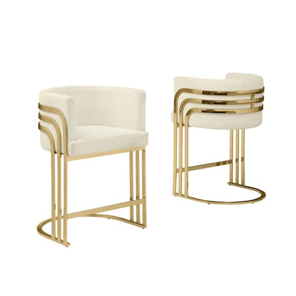 Best Quality Furniture Alana 29 in. Cream Low Back Gold Metal Frame Bar Stool With Teddy Fabric Set of 2