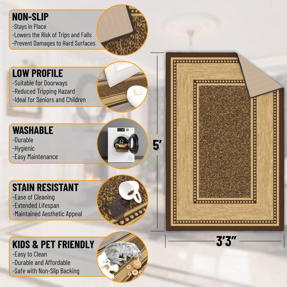Brown and Beige Non-Slip Rubberback Area Rug 3'3" x 5'