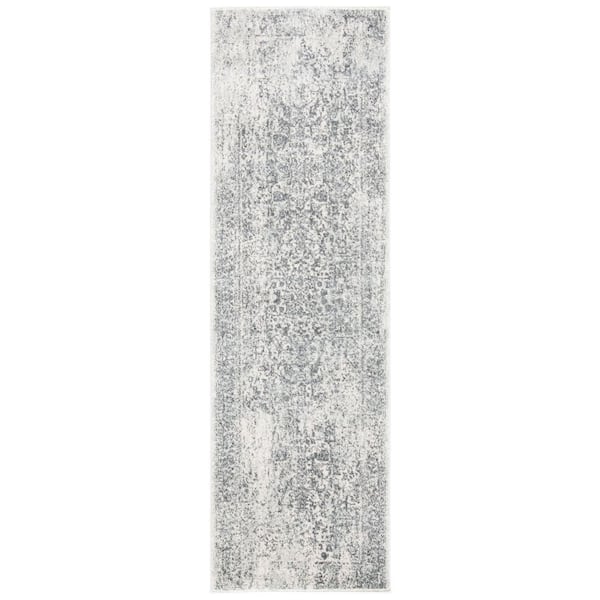 Evoke Ivory/Gray 2 ft. x 13 ft. Distressed Border Medallion Runner Rug