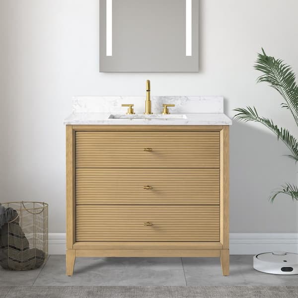 36 in. W x 34 in. H Single Sink Natural Oak Bath Vanity Cabinet with Arabescato White Engineered Marble Top