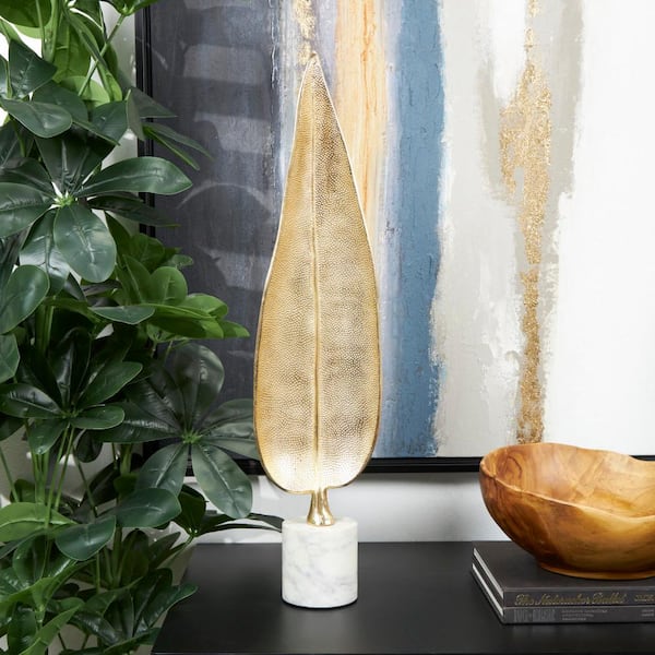 CosmoLiving by Cosmopolitan 26 in. Gold Aluminum Metal Textured Leaf Sculpture with White Marble Base