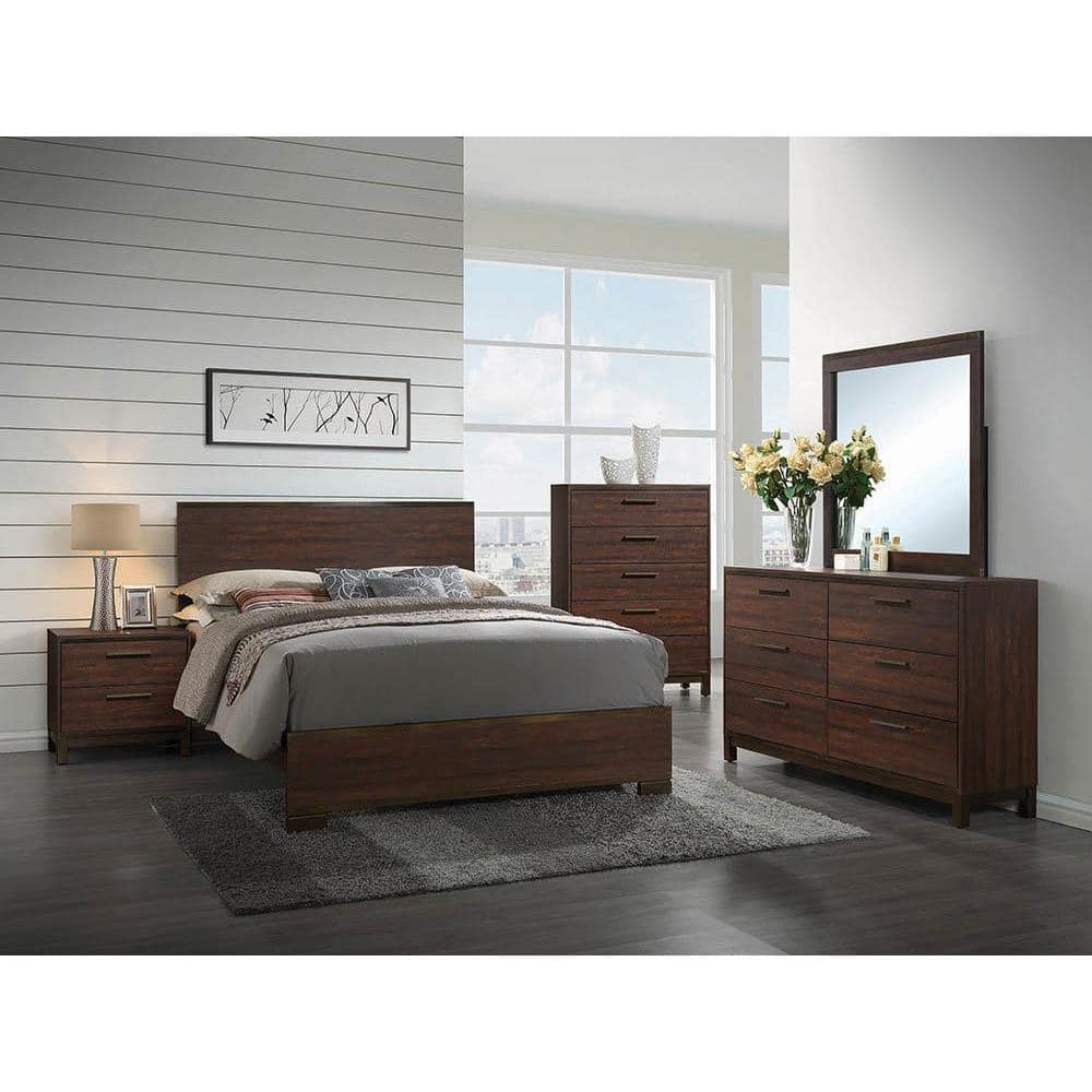 Rustic Tobacco King Wood Frame Bed with Tufted Upholstery