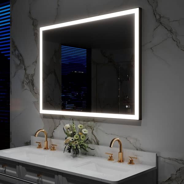 ANGELES HOME 48 in. W x 36 in. H Rectangular Framed Anti-Fog Wall Mount Dimmable LED Bathroom Vanity Mirror with Light in Matte Black