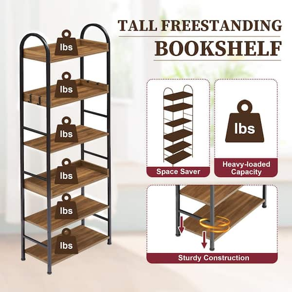 Trinity Industrial Bookshelf Wood Bookcase 6 Tier Storage Open Rack Shelf  Metal Frame For Bedroom,living Room And Home Office, Brown : Target