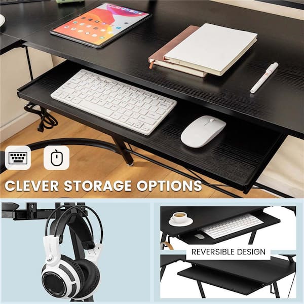 Costway 51 in. L-Shaped Black Wood Desk with Power Outlet