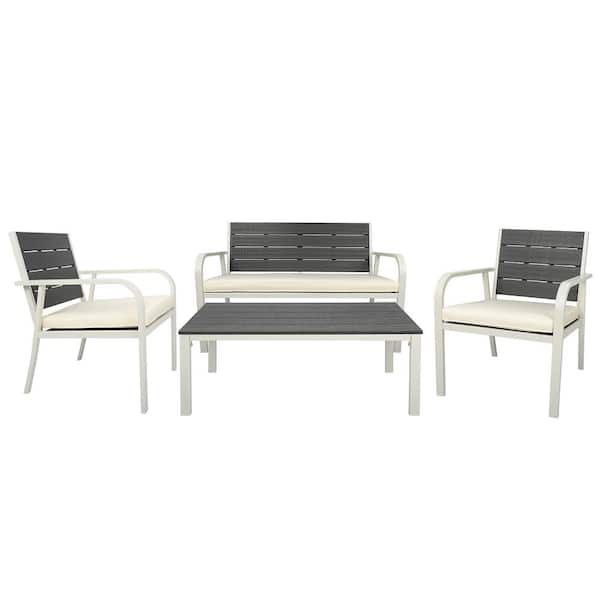 Tenleaf 4-Piece White Metal Patio Conversation Set with White Cushions and Coffee Table