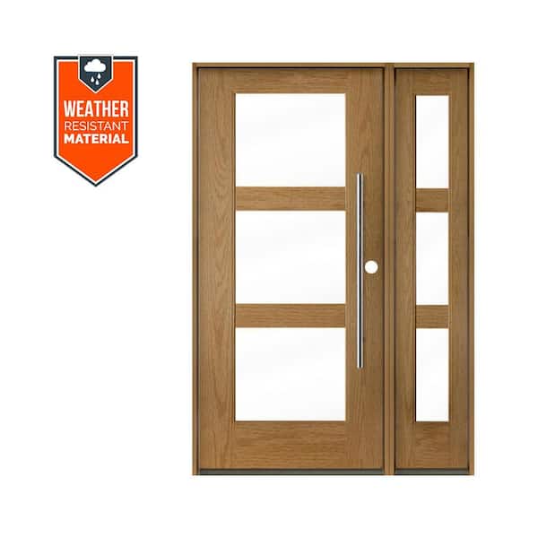 Modern Faux Pivot 50 in. x 79 in. 3-Lite Left-Hand/Inswing Clear Glass Bourbon Stain Fiberglass Prehung Front Door/RSL