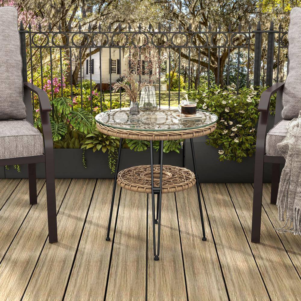 Tiny Natural Rattan and Glass Round Outdoor Side Table