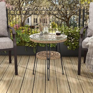 Ysar Natural Boho Round Metal Outdoor Side Table With Shelf