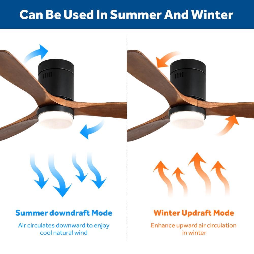 52'' Matte Black and Brown Wood Flush Mount Ceiling Fan with LED Light