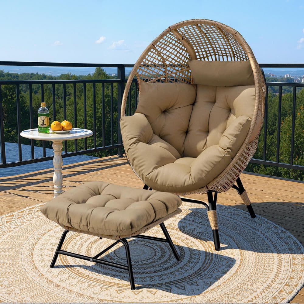 PE Wicker Indoor Outdoor Lounge Egg Chair with Brown Cushion