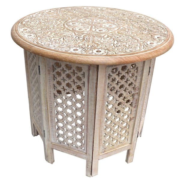 THE URBAN PORT 21.8 in. H Antique White and Brown Mesh Cut Out Carved Mango Wood Octagonal Folding Table with Round Top