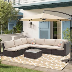 7-Piece Brown Rattan Wicker Outdoor Patio Sectional Sofa Set with Beige Cushions and 2 Pillows