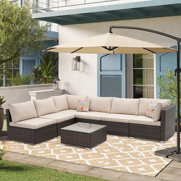 Unbranded 7-Piece Brown Rattan Wicker Outdoor Patio Sectional Sofa Set with Beige Cushions and 2 Pillows