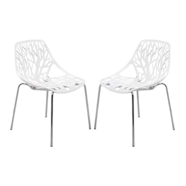 Leisuremod Asbury Modern Stackable Dining Chair With Chromed Metal Legs Set of 2 in White