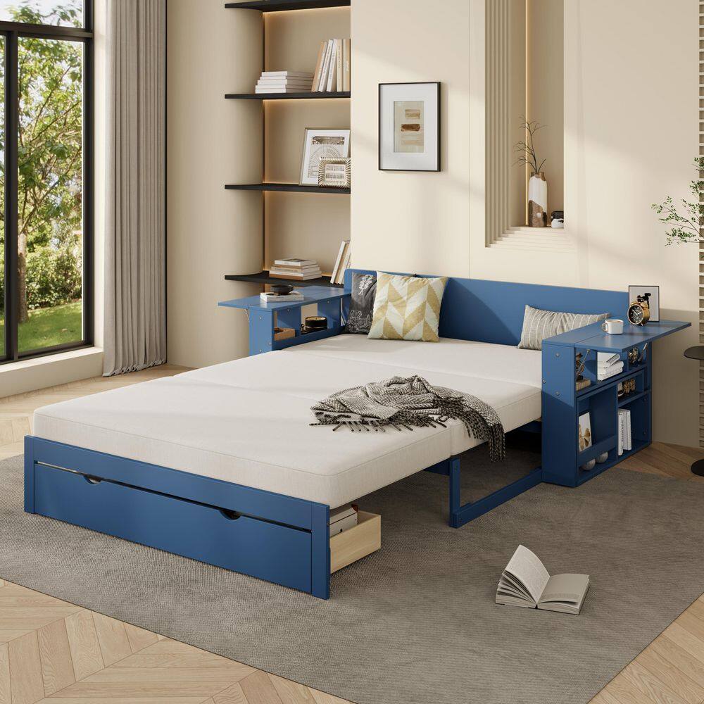 White Queen Size Daybed Convertible Platform bed with Removable Desk, Storage Drawer, Hydraulic Side Table - thumbnail 7