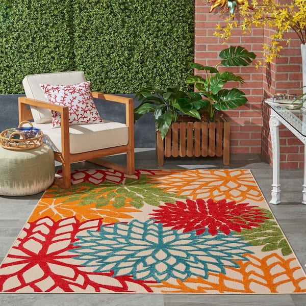 Aloha Green 4 ft. x 6 ft. Floral Modern Indoor/Outdoor Patio Area Rug