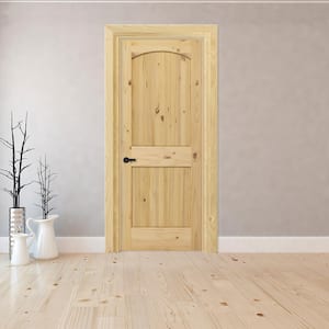 28 in. x 80 in. 2-Panel Archtop Right-Hand Unfinished Knotty Pine Wood Single Prehung Interior Door with Bronze Hinges