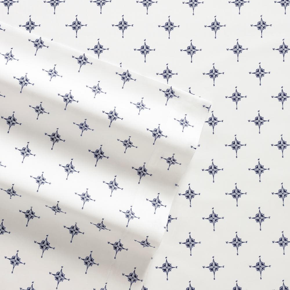 Queen Blue Compass Cotton Percale Sheet Set