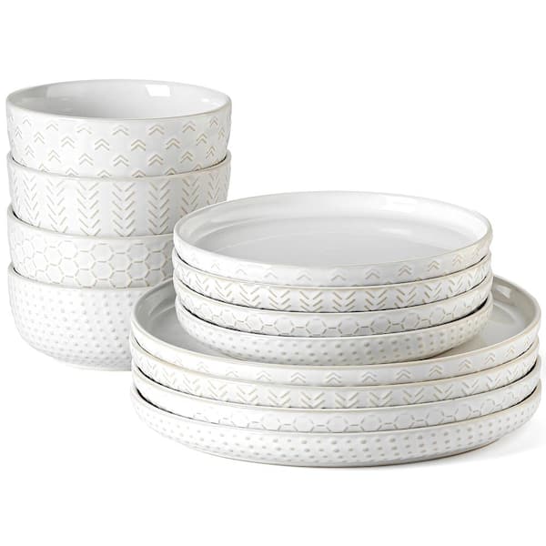 12-Piece Stoneware Dinnerware Set Service for 4 with Reactive Glaze Embossed Boho Design, Ivory White,