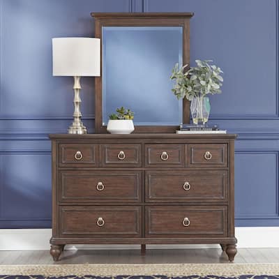Southport 6-Drawers Dark Aged Oak Brown Dresser with Mirror