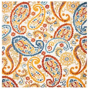 Cabana Cream/Navy 8 ft. x 8 ft. Paisley Floral Indoor/Outdoor Patio  Square Area Rug