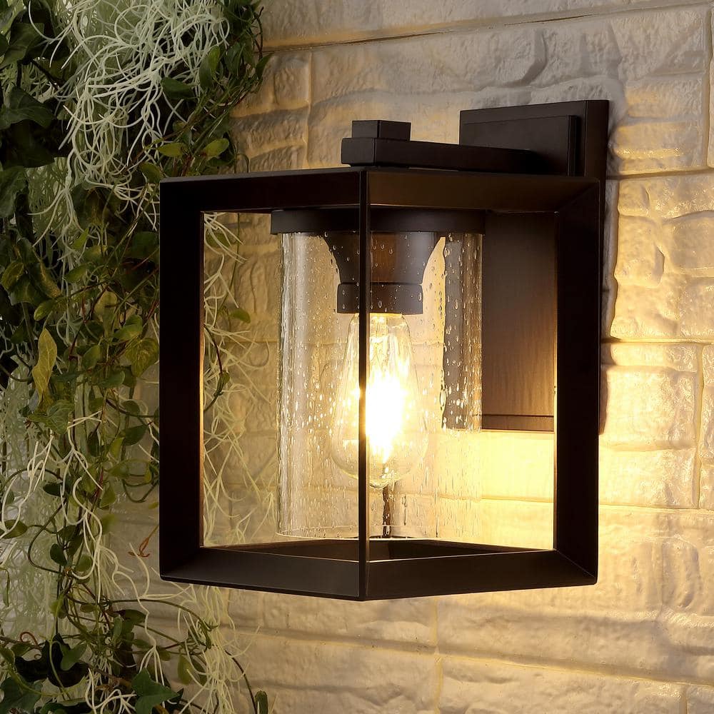 Black Iron and Pulegoso Glass Outdoor Sconce Light Set