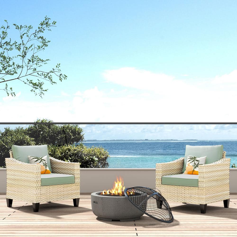 Oconee Beige 3-Piece Wood Fire Pit Seating Set with Mint Green and Cushions Outdoor Patio Lounge Chair a Burning -  HOOOWOOO, WFP-DAR903