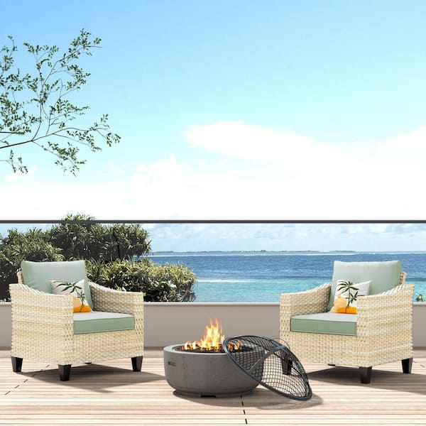 HOOOWOOO Oconee Beige 3-Piece Wood Fire Pit Seating Set with Mint Green and Cushions Outdoor Patio Lounge Chair a Burning