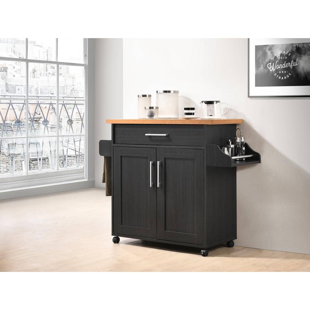 Elegant Black Beech Wood Kitchen Island with Spice Rack and Towel Holder