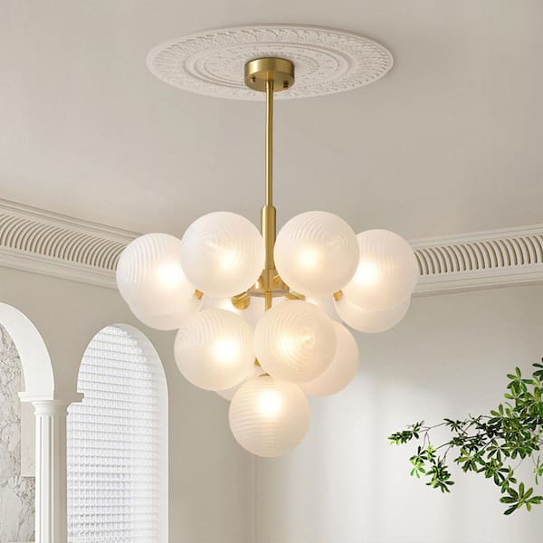 13-Light Brass Mid Century Modern Bubble Globe Chandelier Cluster Pendant Lighting Fixture with Striped Glass Shade