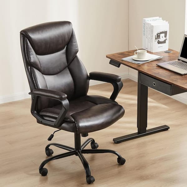 Luxury Ergonomic PU Leather Seat High Back Heavy Duty Office Executive Chair in Brown with Fixed Arms