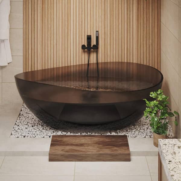 63 in. x 37 in. Freestanding Oval Shape Soaking Resin Bathtub with Center Drain in Transparent Black