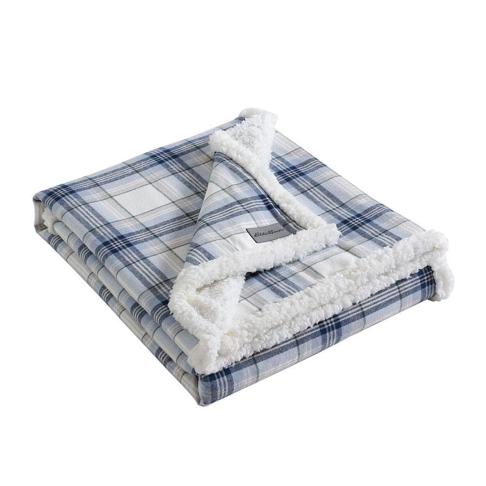 Eddie Bauer Edgewood Plaid Sherpa Blue Cotton Throw Blanket