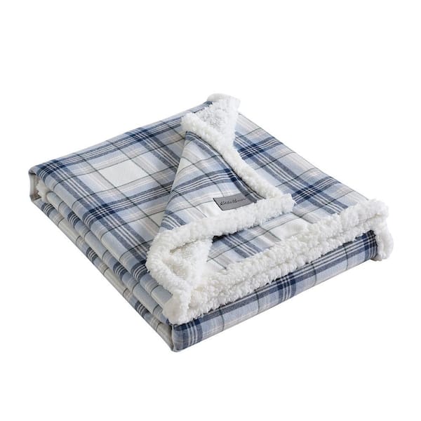 Eddie Bauer Edgewood Plaid Sherpa Blue Cotton Throw Blanket