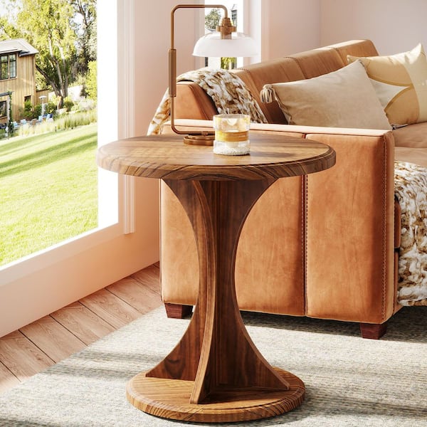 Kerlin 19.68 in. Brown Round Wood End Table with Cross Design Pedestal