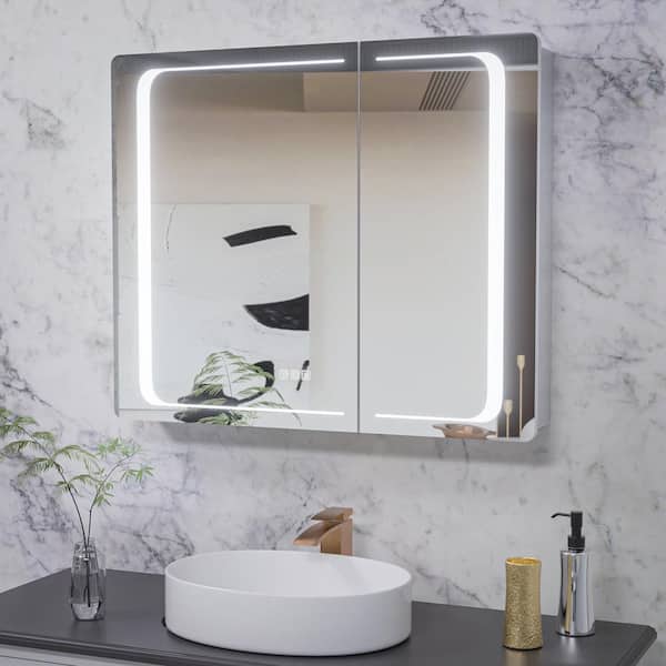 ExBrite Vogue 36 in. W x 30 in. H Rectangular Silver Aluminum Recessed/Surface Mount Dimmable Medicine Cabinet with Mirror LED