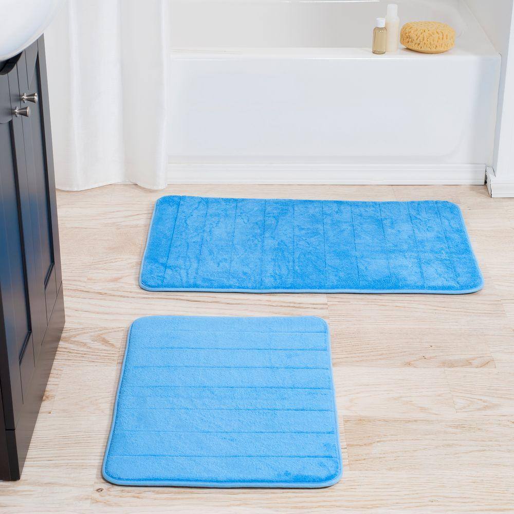 Blue Memory Foam Rectangular Bath Mat Set with Microfiber Top