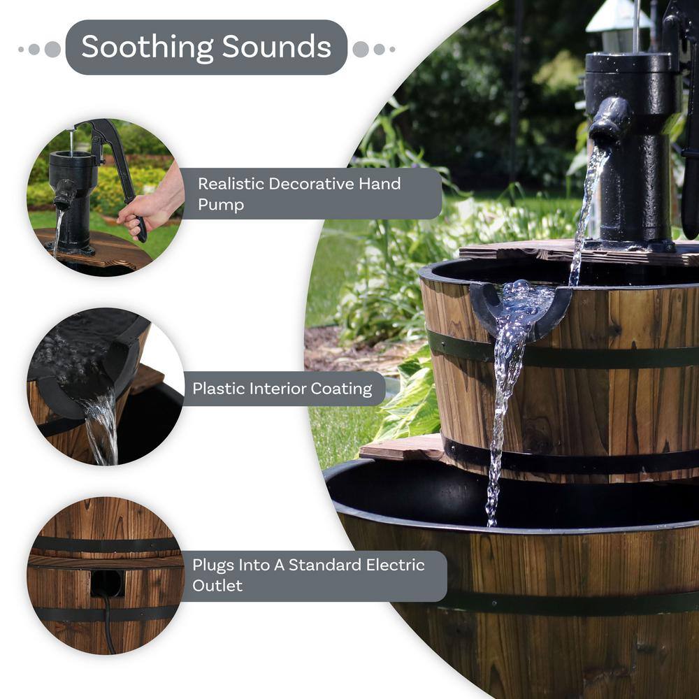 34" Rustic Fir Wood 2-Tier Barrel Water Fountain with Metal Hand Pump