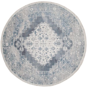 Astra Machine Washable Blue Ivory 5 ft. x 5 ft. Distressed Traditional Round Area Rug