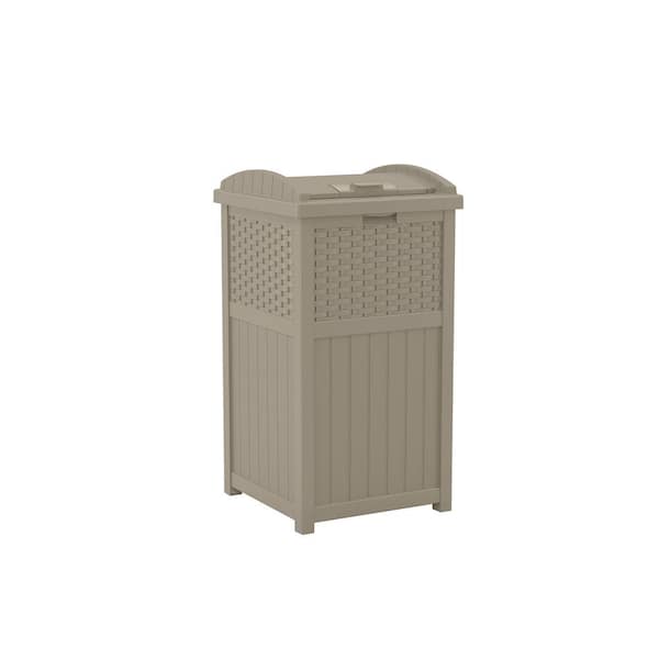 Suncast Plastic Trash Hideaway 30 Gallon Beige Outdoor Trash Can with Lid, Suitable for Patios, Decks and Backyards